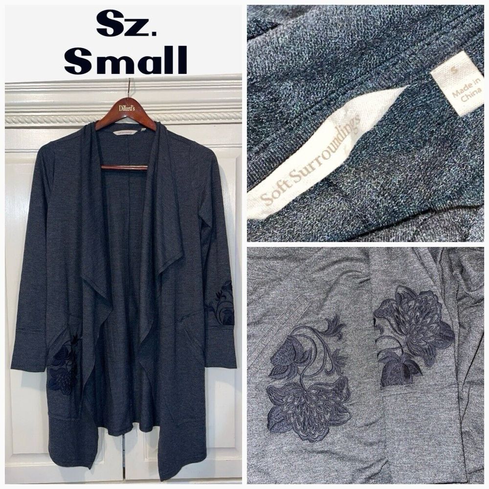 Soft Surroundings Cardigan Women Small Gray Floral Embroidery Pockets Casual